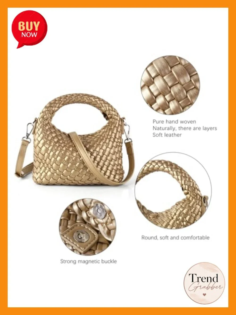 Woven Hobo Handbag with Detachable Shoulder Strap, Leather